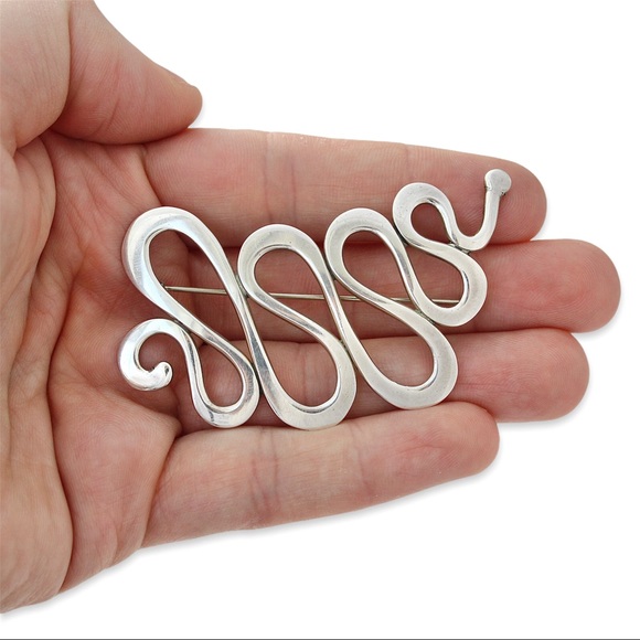 Vintage Sterling Silver Snake Brooch Large Curvy Serpent Abstract Modernist - Picture 2 of 4